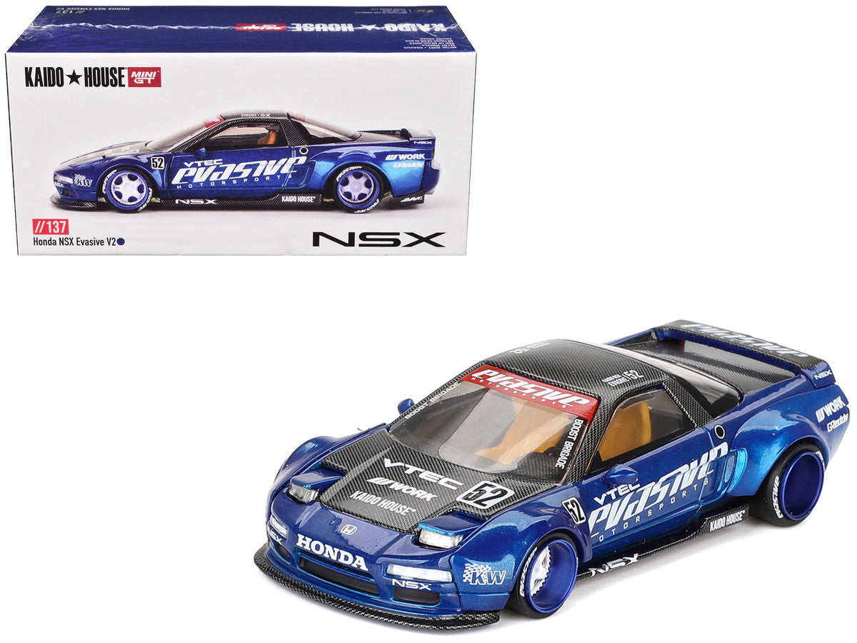 Honda NSX "Evasive V2" #52 Blue Metallic with Carbon Top (Designed by Jun Imai) "Kaido House" Special 1/64 Diecast Model Car by Mini GT-2