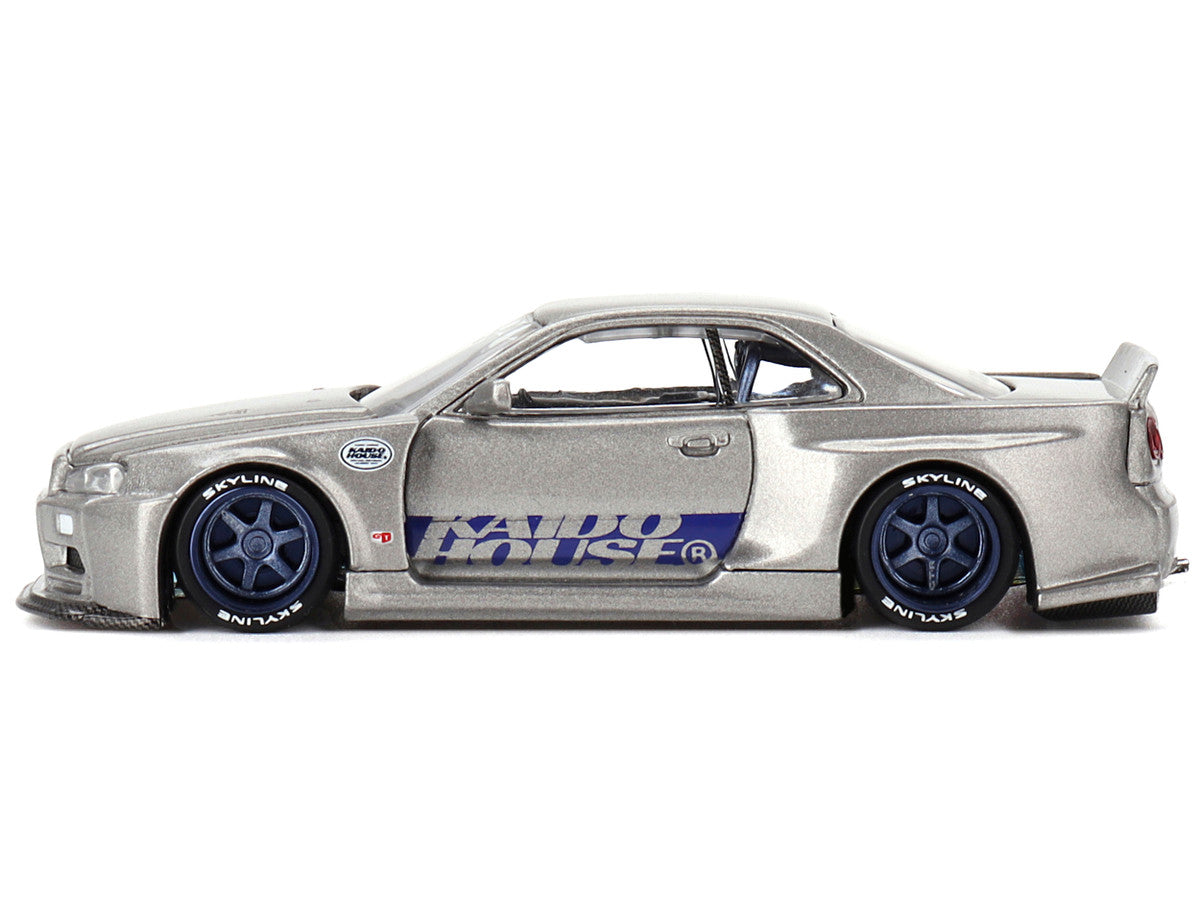 Nissan Skyline GT-R (R34) "Kaido Works Shinjuku V1" RHD (Right Hand Drive) Silver Metallic (Designed by Jun Imai) "Kaido House" Special 1/64 Diecast Model Car by Mini GT-0