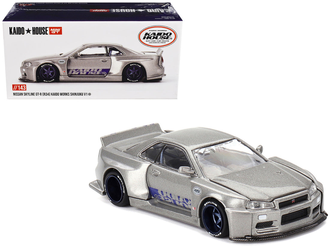 Nissan Skyline GT-R (R34) "Kaido Works Shinjuku V1" RHD (Right Hand Drive) Silver Metallic (Designed by Jun Imai) "Kaido House" Special 1/64 Diecast Model Car by Mini GT-3