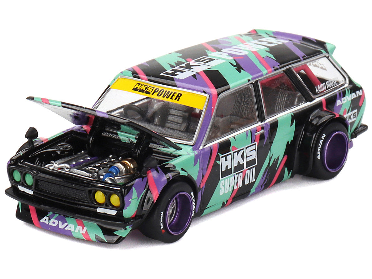 Datsun 510 Wagon RHD (Right Hand Drive) "HKS V1" Black with Graphics (Designed by Jun Imai) "Kaido House" Special 1/64 Diecast Model Car by Mini GT-1