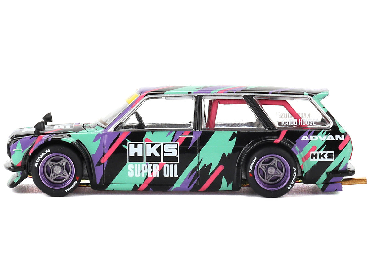 Datsun 510 Wagon RHD (Right Hand Drive) "HKS V1" Black with Graphics (Designed by Jun Imai) "Kaido House" Special 1/64 Diecast Model Car by Mini GT-2