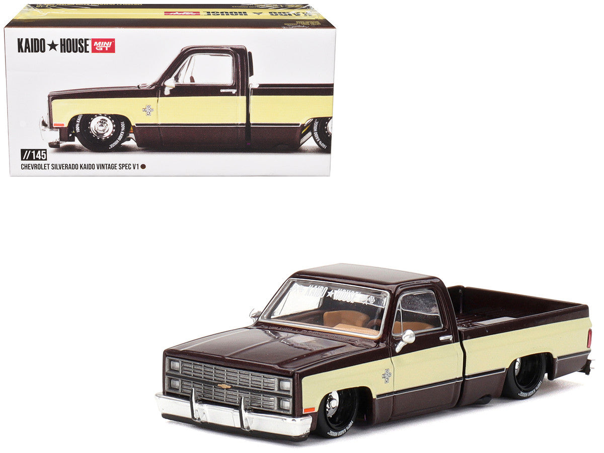 Chevrolet Silverado Pickup Truck "KAIDO Vintage Spec V1" Brown with Cream Sides (Designed by Jun Imai) "Kaido House" Special 1/64 Diecast Model Car by Mini GT-3
