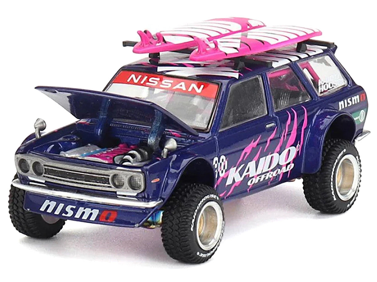 Datsun Kaido 510 Wagon 4x4 RHD (Right Hand Drive) #90 "Kaido Offroad V2" Purple with Pink Graphics and Surfboards on Roof (Designed by Jun Imai) "Kaido House" Special 1/64 Diecast Model Car by Mini GT-1