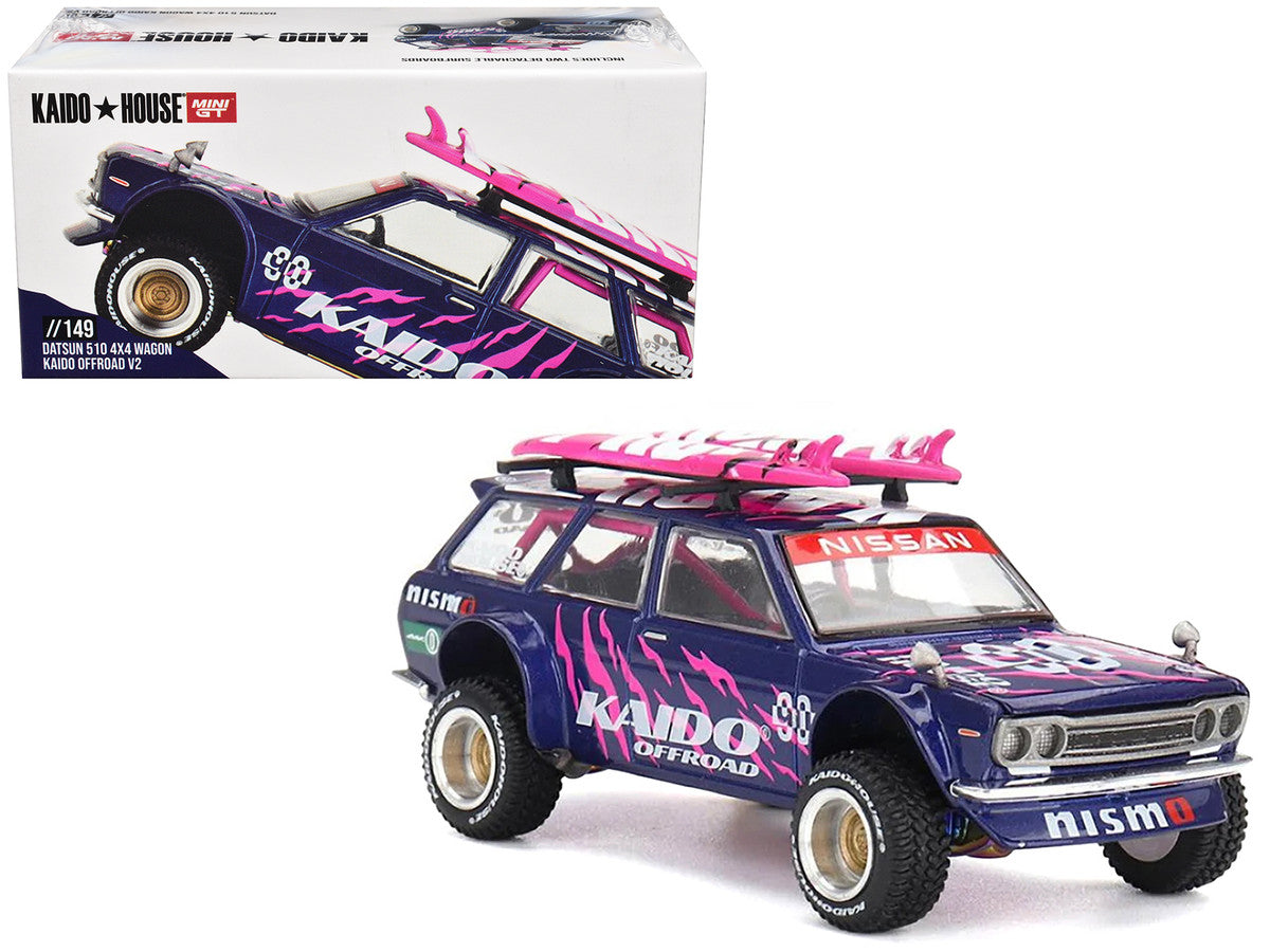 Datsun Kaido 510 Wagon 4x4 RHD (Right Hand Drive) #90 "Kaido Offroad V2" Purple with Pink Graphics and Surfboards on Roof (Designed by Jun Imai) "Kaido House" Special 1/64 Diecast Model Car by Mini GT-4
