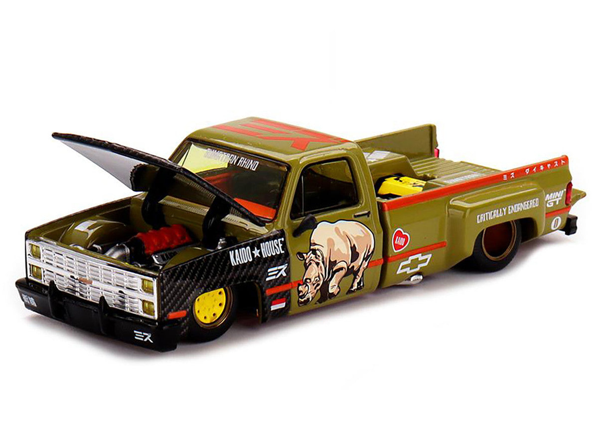 Chevrolet Silverado Dually Pickup Truck "Sumatran Rhino" Tan and Carbon with Graphics (Designed by Jun Imai) "Kaido House" Special 1/64 Diecast Model Car by Mini GT-2