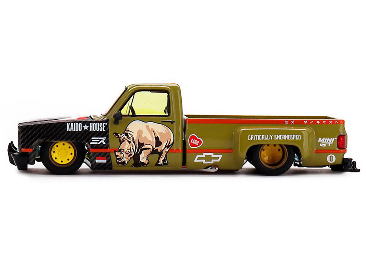 Chevrolet Silverado Dually Pickup Truck "Sumatran Rhino" Tan and Carbon with Graphics (Designed by Jun Imai) "Kaido House" Special 1/64 Diecast Model Car by Mini GT-0
