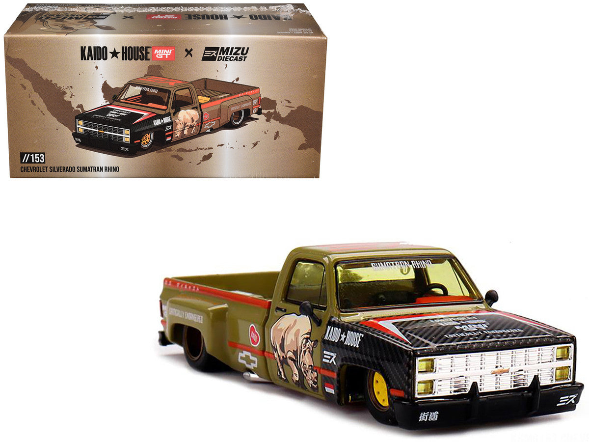 Chevrolet Silverado Dually Pickup Truck "Sumatran Rhino" Tan and Carbon with Graphics (Designed by Jun Imai) "Kaido House" Special 1/64 Diecast Model Car by Mini GT-4