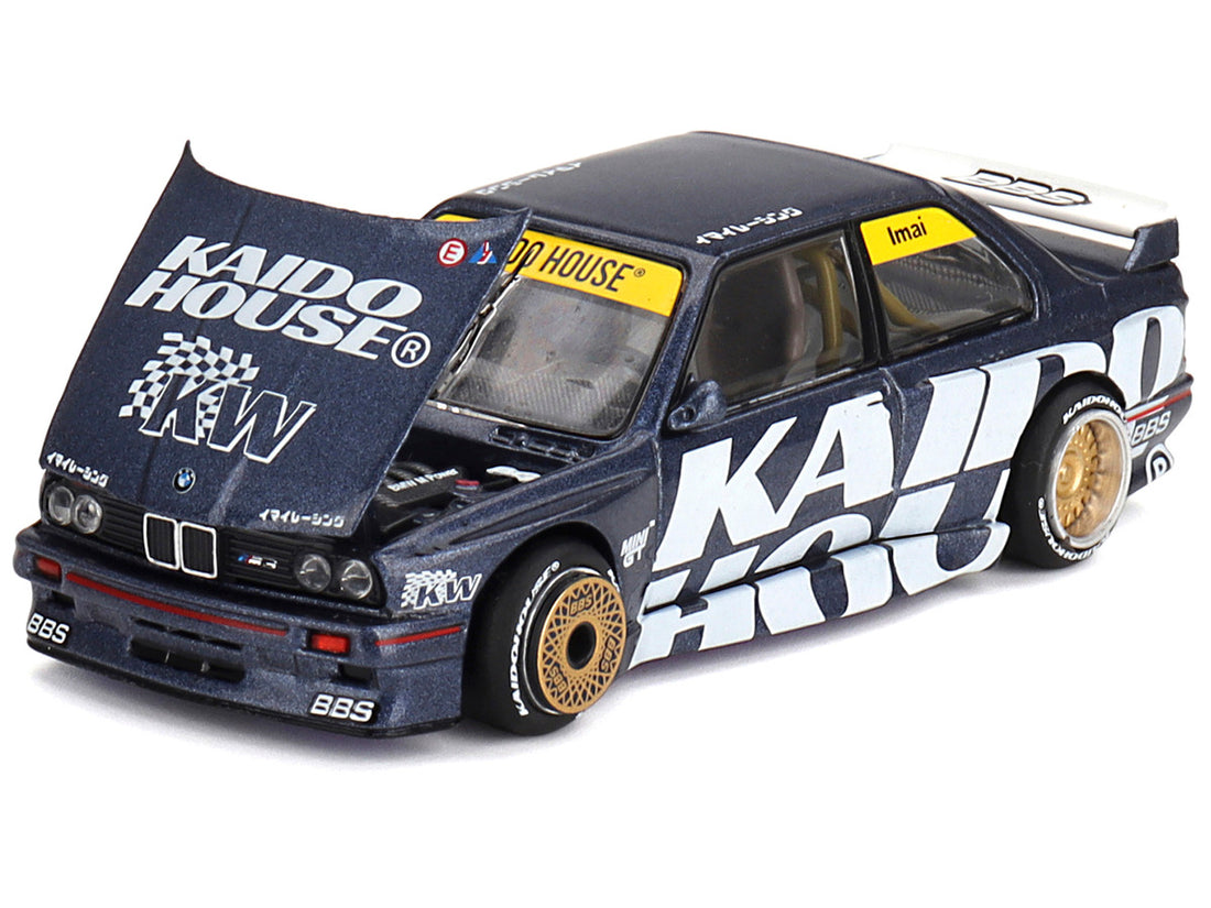 BMW M3 (E30) "Kaido Works V1" Dark Blue Metallic with Graphics (Designed by Jun Imai) "Kaido House" Special 1/64 Diecast Model Car by Mini GT-2