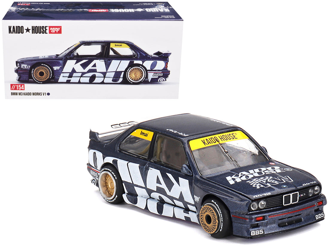 BMW M3 (E30) "Kaido Works V1" Dark Blue Metallic with Graphics (Designed by Jun Imai) "Kaido House" Special 1/64 Diecast Model Car by Mini GT-3