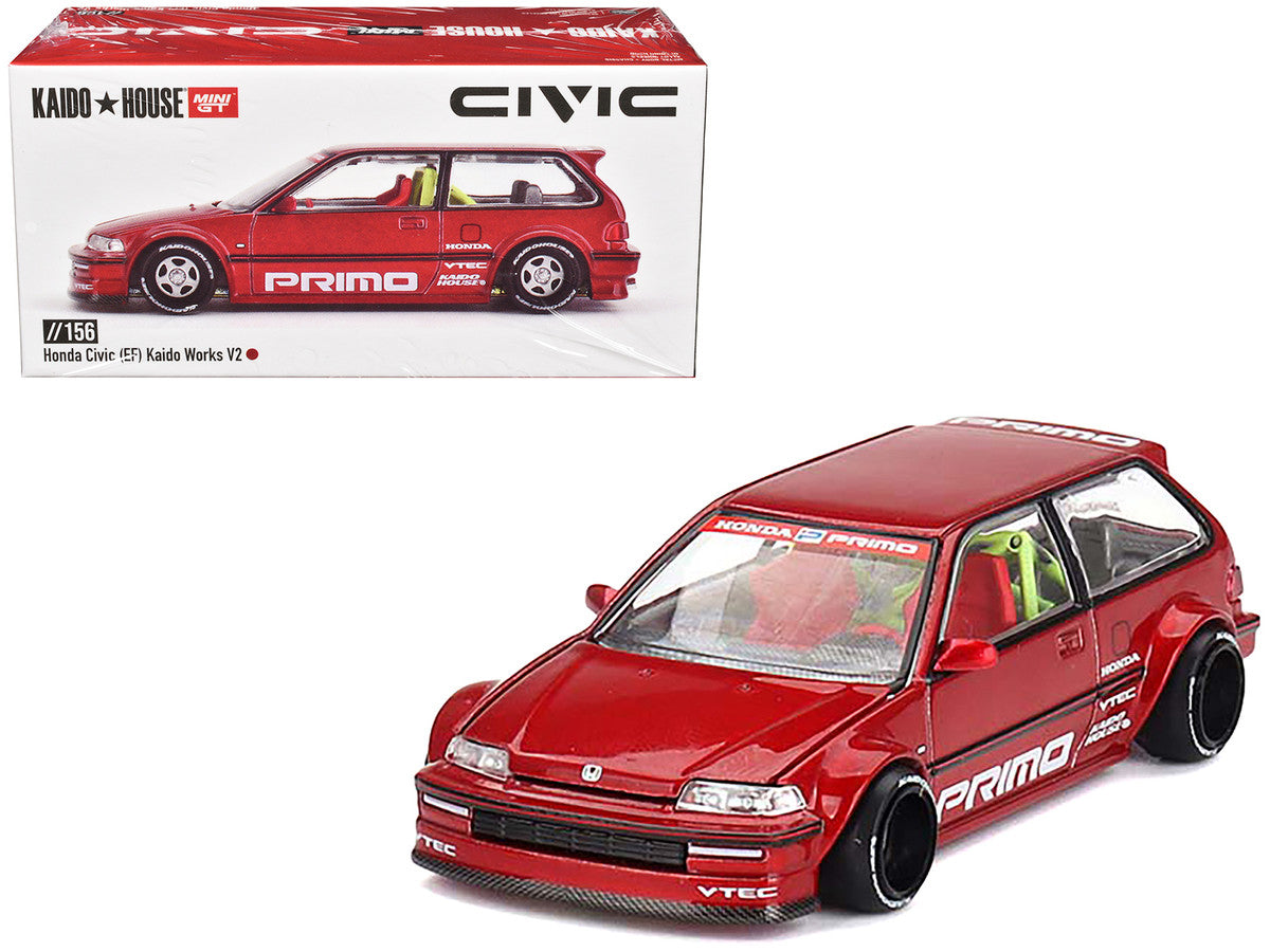 Honda Civic (EF) "Kaido Works V2" Red Metallic with Graphics (Designed by Jun Imai) "Kaido House" Special 1/64 Diecast Model Car by Mini GT-3