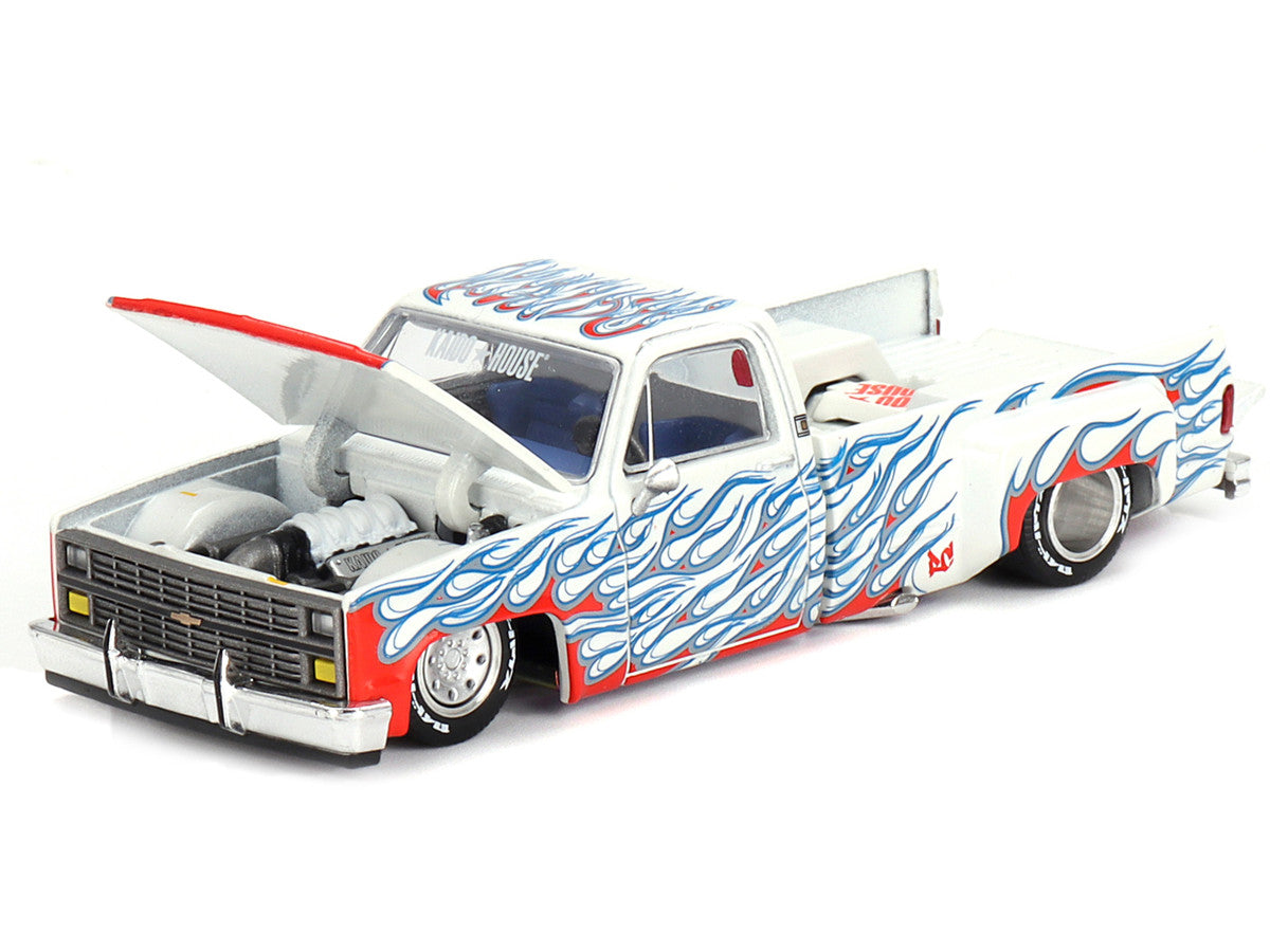 Chevrolet Silverado Dually Pickup Truck "On Fire V2" White Metallic with Blue Flames and Blue Interior (Designed by Jun Imai) "Kaido House" Special 1/64 Diecast Model Car by Mini GT-1