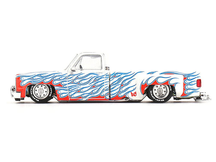 Chevrolet Silverado Dually Pickup Truck "On Fire V2" White Metallic with Blue Flames and Blue Interior (Designed by Jun Imai) "Kaido House" Special 1/64 Diecast Model Car by Mini GT-0