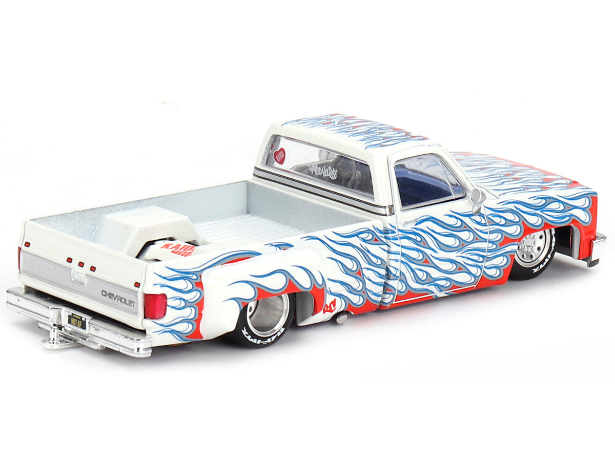 Chevrolet Silverado Dually Pickup Truck "On Fire V2" White Metallic with Blue Flames and Blue Interior (Designed by Jun Imai) "Kaido House" Special 1/64 Diecast Model Car by Mini GT-2