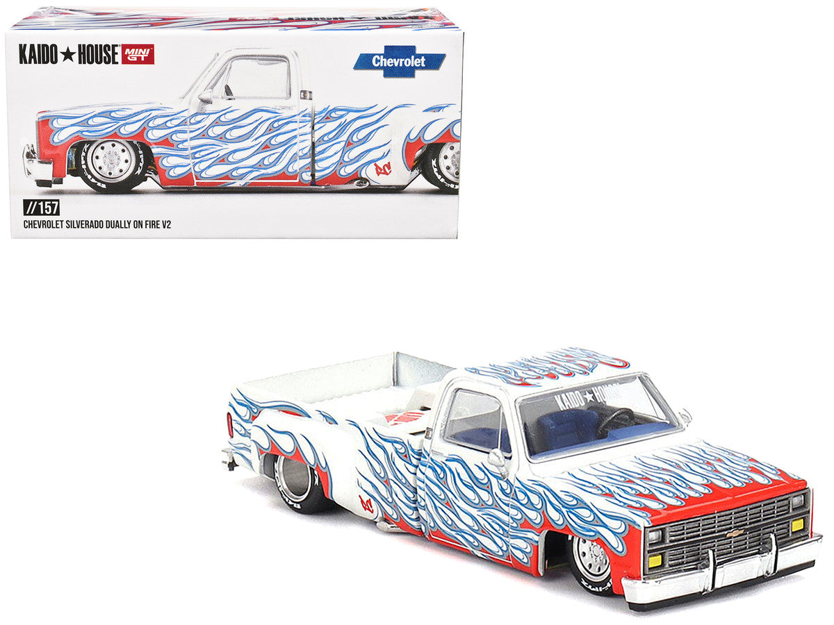 Chevrolet Silverado Dually Pickup Truck "On Fire V2" White Metallic with Blue Flames and Blue Interior (Designed by Jun Imai) "Kaido House" Special 1/64 Diecast Model Car by Mini GT-3