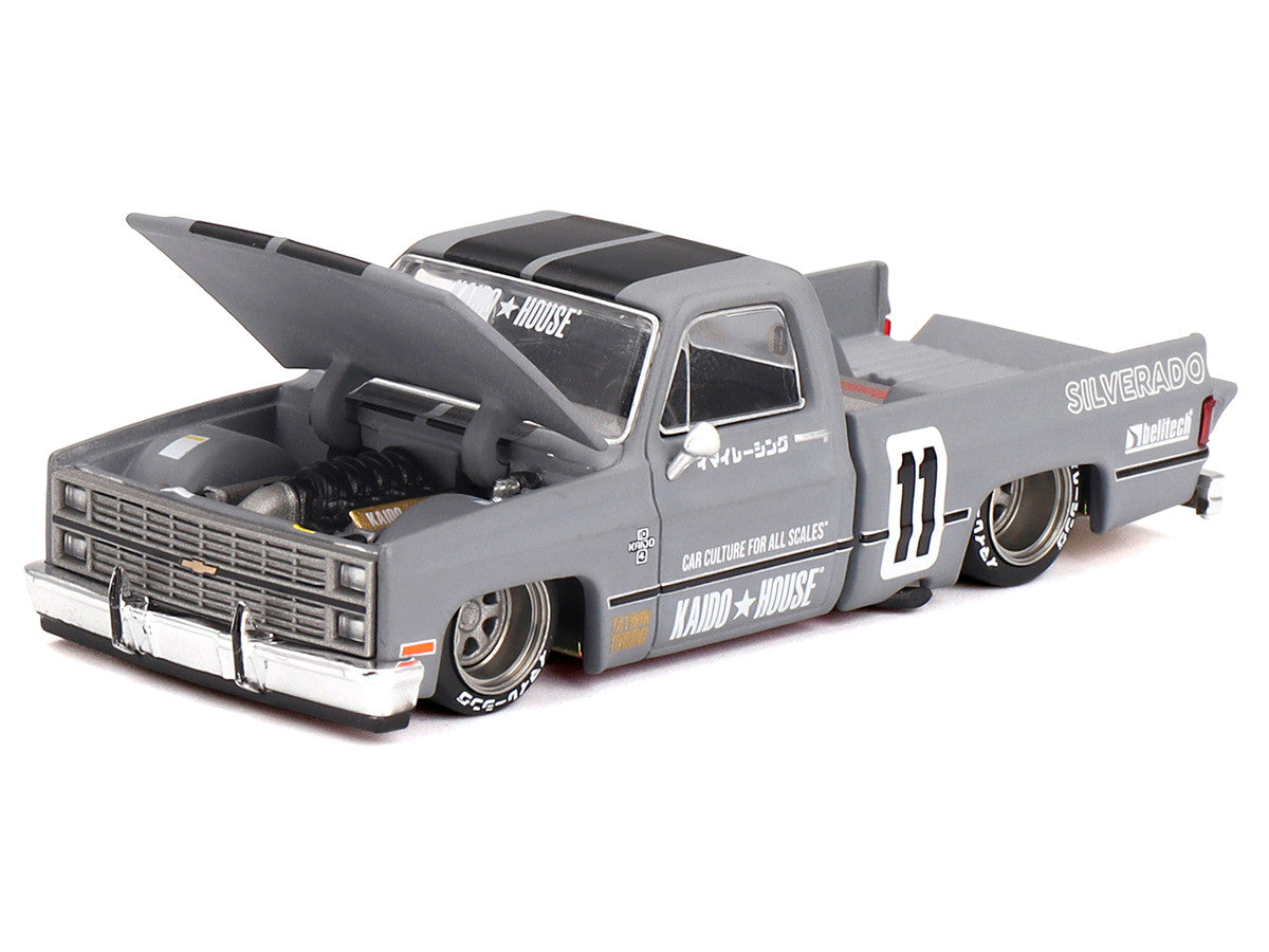 Chevrolet Silverado "KAIDO V2" Pickup Truck #11 Gray with Black Stripes (Designed by Jun Imai) "Kaido House" Special 1/64 Diecast Model Car by Mini GT-1