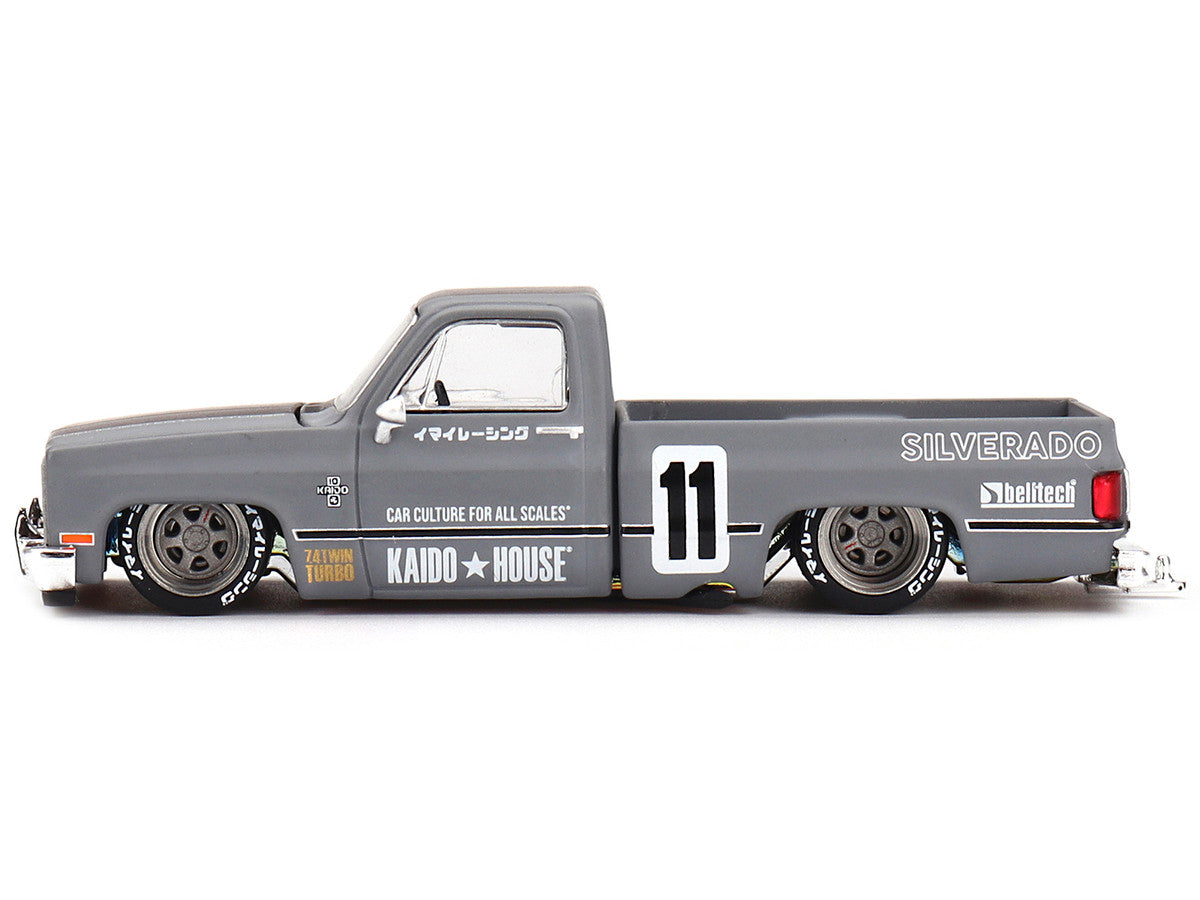 Chevrolet Silverado "KAIDO V2" Pickup Truck #11 Gray with Black Stripes (Designed by Jun Imai) "Kaido House" Special 1/64 Diecast Model Car by Mini GT-0