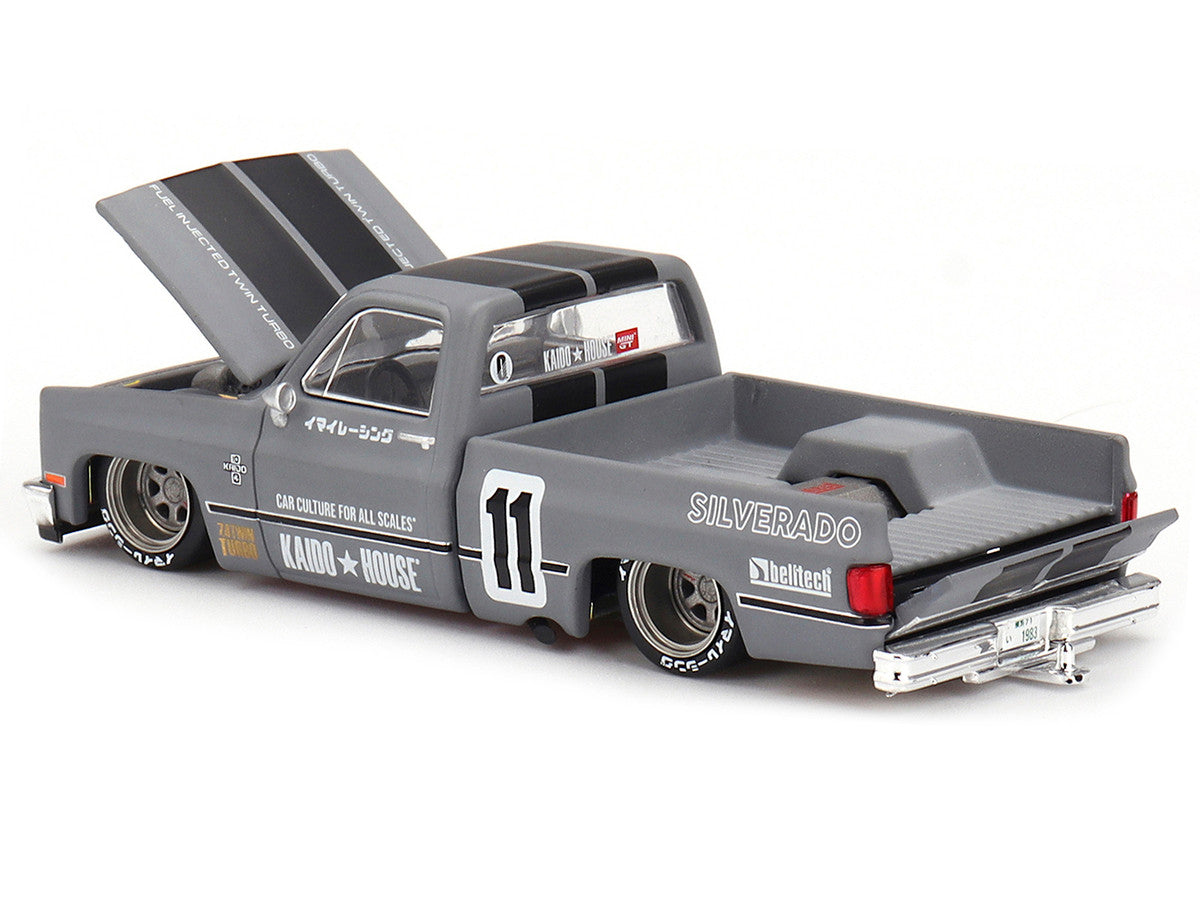 Chevrolet Silverado "KAIDO V2" Pickup Truck #11 Gray with Black Stripes (Designed by Jun Imai) "Kaido House" Special 1/64 Diecast Model Car by Mini GT-3