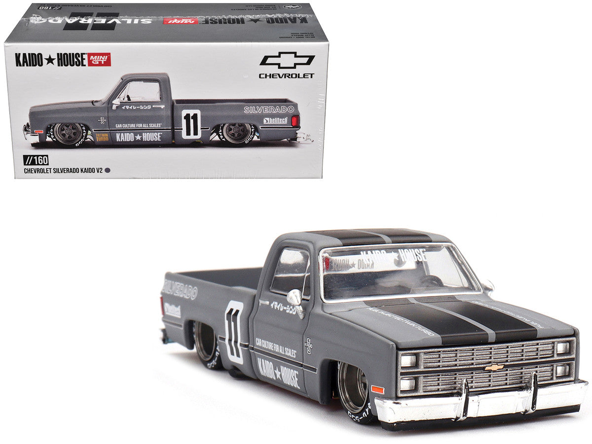 Chevrolet Silverado "KAIDO V2" Pickup Truck #11 Gray with Black Stripes (Designed by Jun Imai) "Kaido House" Special 1/64 Diecast Model Car by Mini GT-4