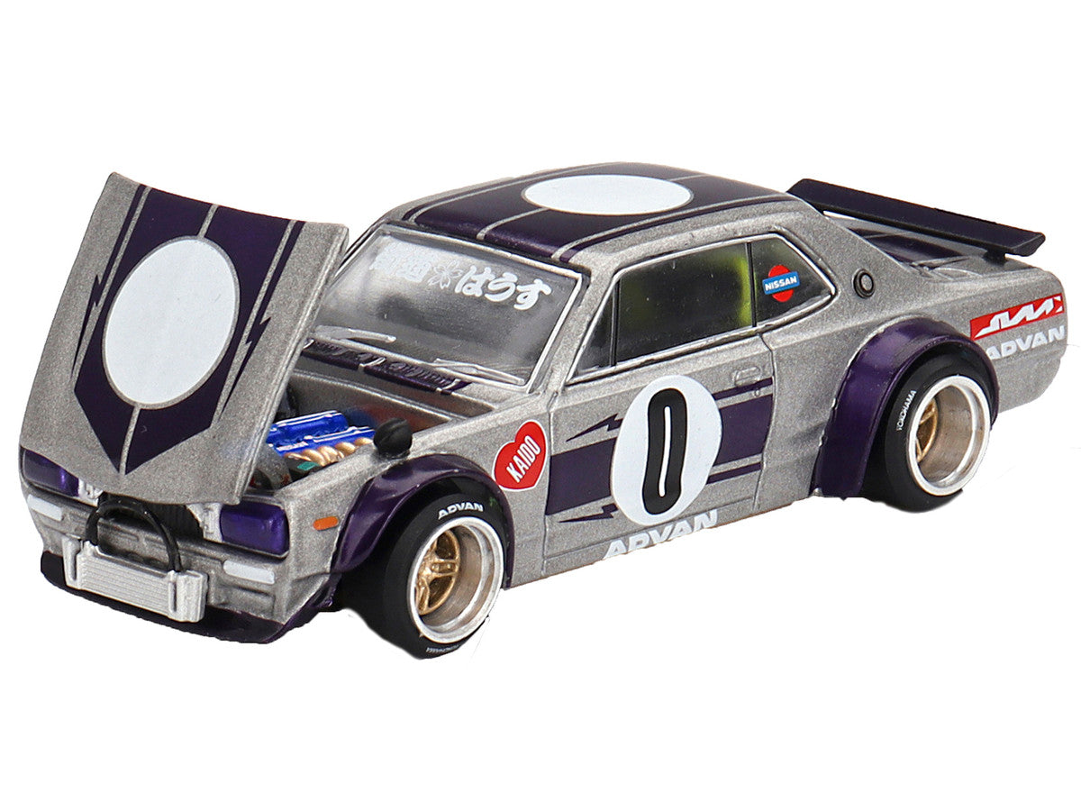 Nissan Skyline 2000GT-R (KPGC10) "Kaido Works V1" RHD (Right Hand Drive) #0 Silver Metallic with Purple Stripes (Designed by Jun Imai) "Kaido House" Special 1/64 Diecast Model Car by Mini GT-2