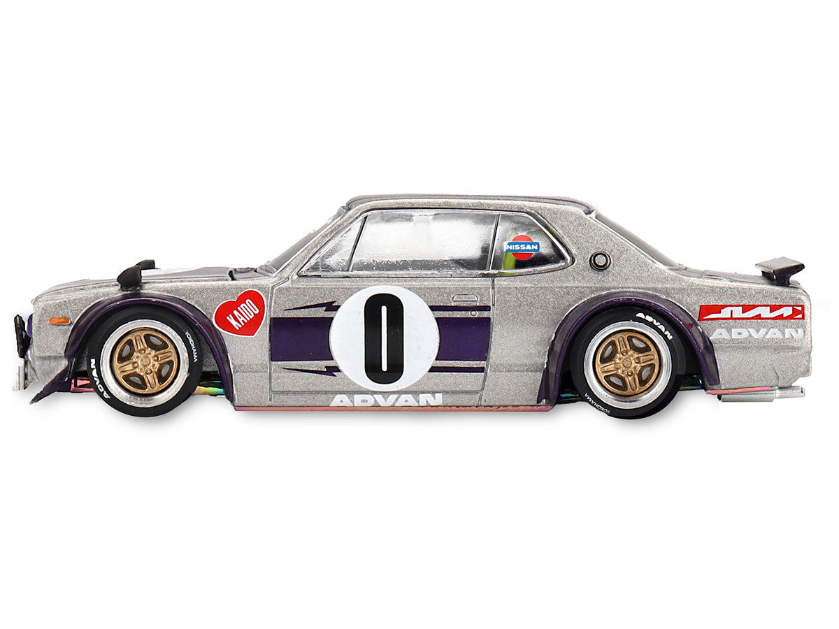 Nissan Skyline 2000GT-R (KPGC10) "Kaido Works V1" RHD (Right Hand Drive) #0 Silver Metallic with Purple Stripes (Designed by Jun Imai) "Kaido House" Special 1/64 Diecast Model Car by Mini GT-1