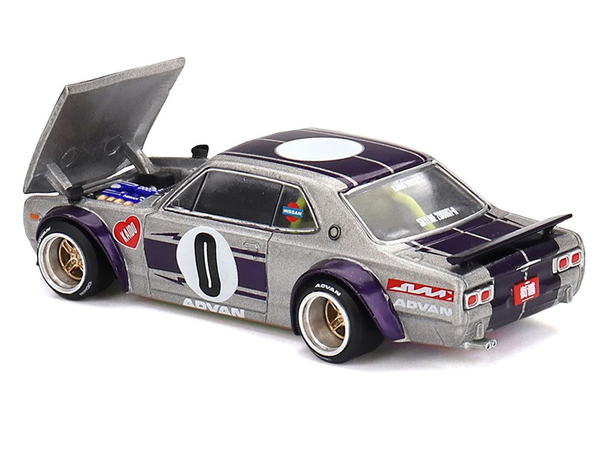 Nissan Skyline 2000GT-R (KPGC10) "Kaido Works V1" RHD (Right Hand Drive) #0 Silver Metallic with Purple Stripes (Designed by Jun Imai) "Kaido House" Special 1/64 Diecast Model Car by Mini GT-0