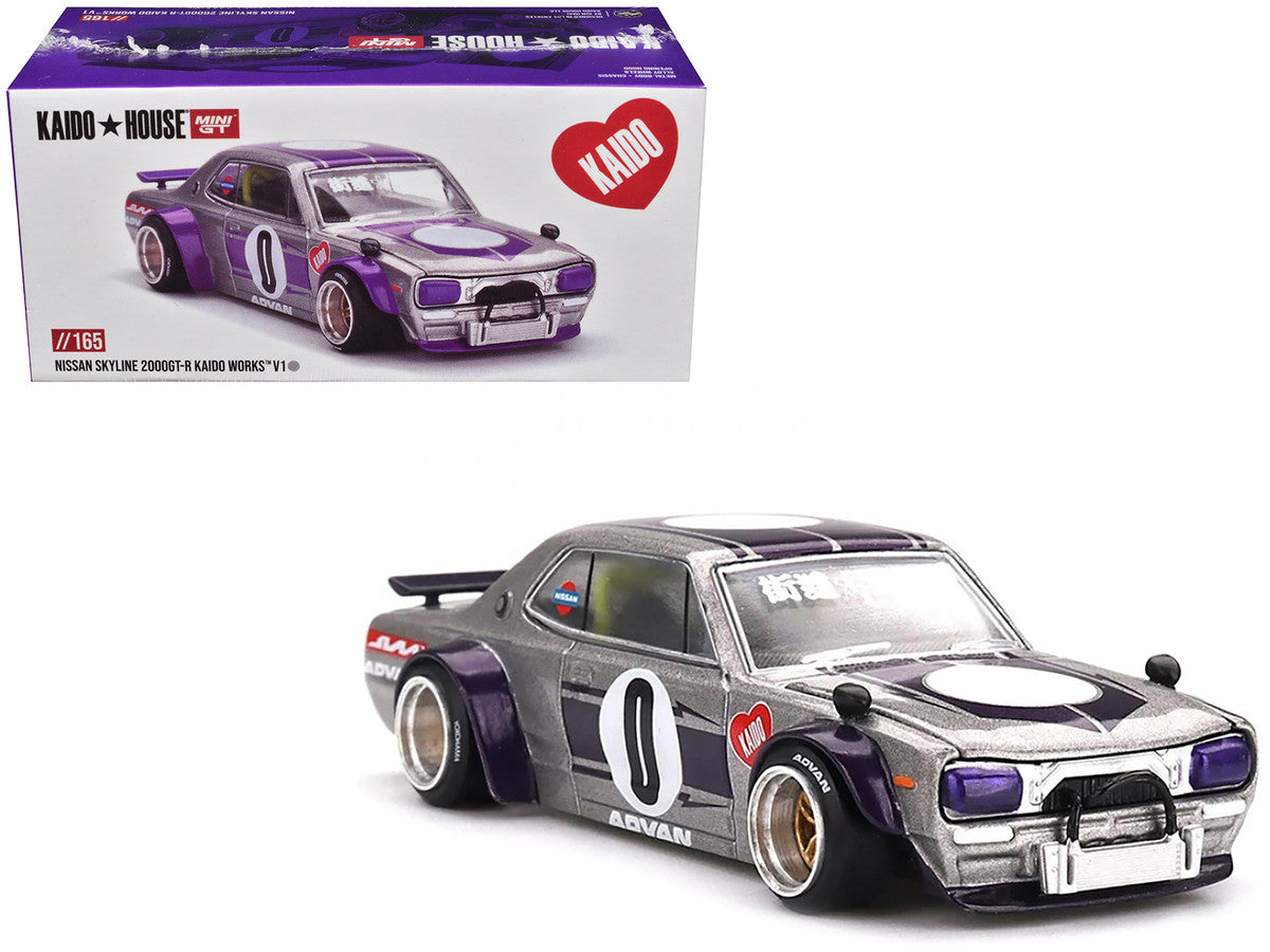 Nissan Skyline 2000GT-R (KPGC10) "Kaido Works V1" RHD (Right Hand Drive) #0 Silver Metallic with Purple Stripes (Designed by Jun Imai) "Kaido House" Special 1/64 Diecast Model Car by Mini GT-4