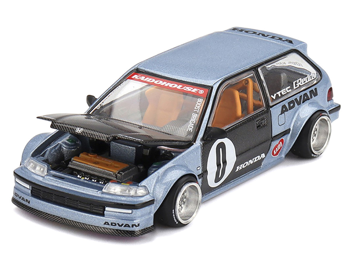 Honda Civic (EF) "Kaido Roulette V1" Blue Metallic with Carbon Hood and Doors (Designed by Jun Imai) "Kaido House" Special 1/64 Diecast Model Car by Mini GT-3