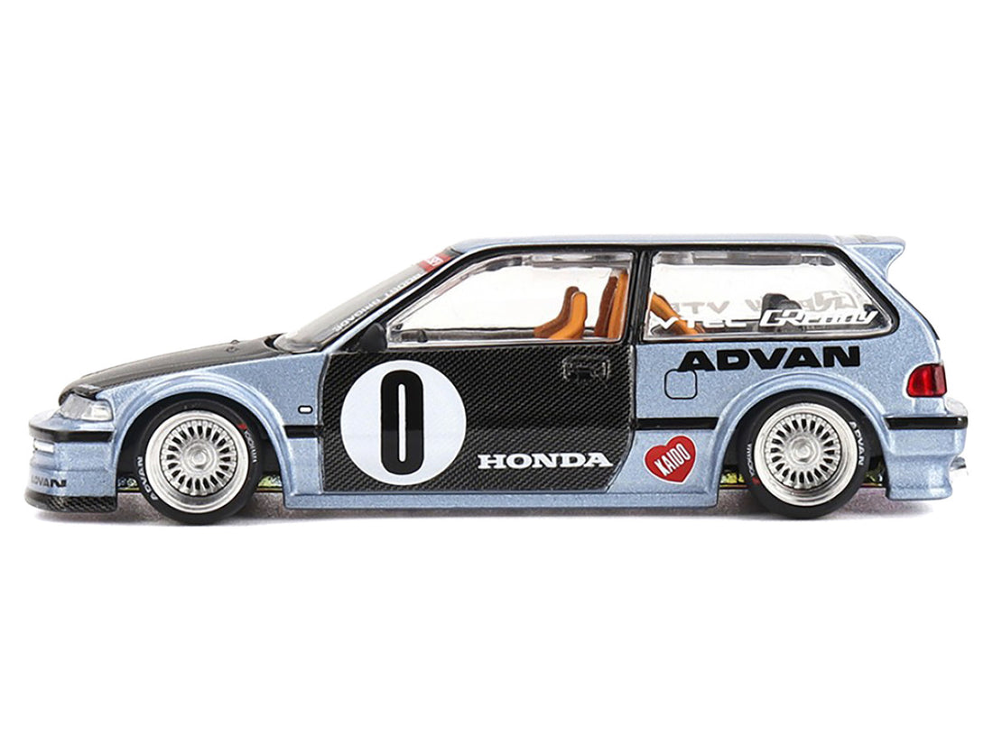 Honda Civic (EF) "Kaido Roulette V1" Blue Metallic with Carbon Hood and Doors (Designed by Jun Imai) "Kaido House" Special 1/64 Diecast Model Car by Mini GT-2