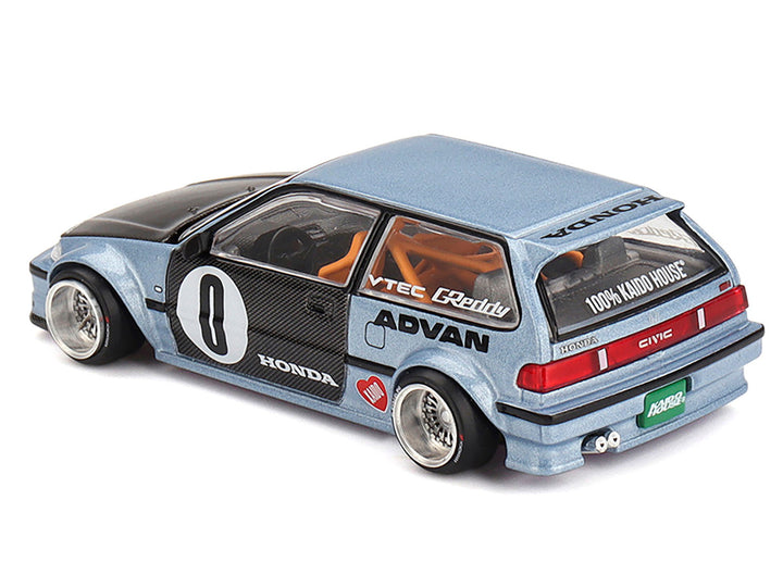 Honda Civic (EF) "Kaido Roulette V1" Blue Metallic with Carbon Hood and Doors (Designed by Jun Imai) "Kaido House" Special 1/64 Diecast Model Car by Mini GT-0