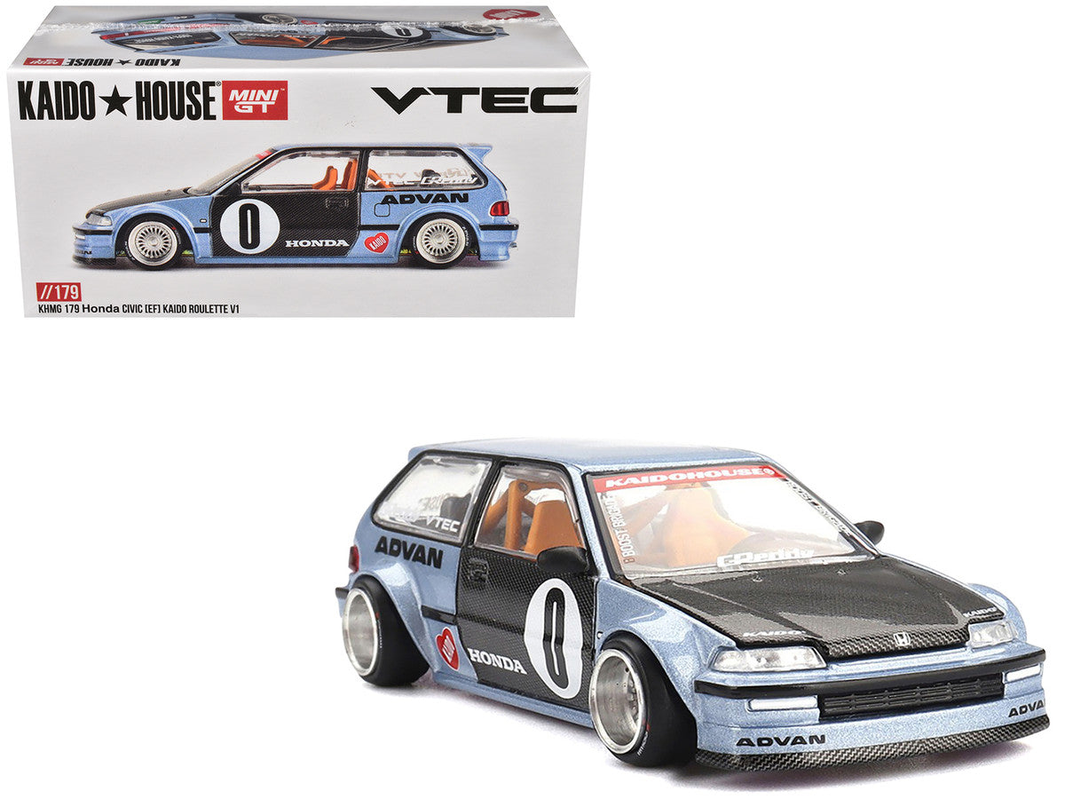 Honda Civic (EF) "Kaido Roulette V1" Blue Metallic with Carbon Hood and Doors (Designed by Jun Imai) "Kaido House" Special 1/64 Diecast Model Car by Mini GT-4