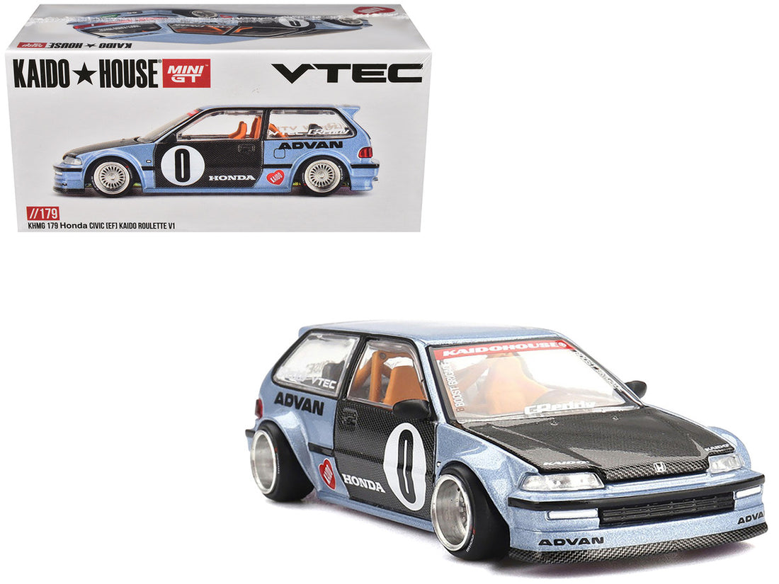 Honda Civic (EF) "Kaido Roulette V1" Blue Metallic with Carbon Hood and Doors (Designed by Jun Imai) "Kaido House" Special 1/64 Diecast Model Car by Mini GT-4