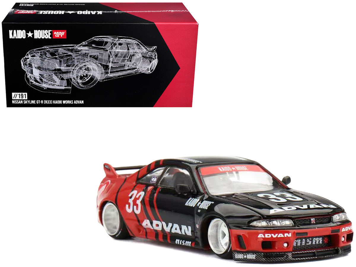 Nissan Skyline GT-R (R33) "Kaido Works" RHD (Right Hand Drive) #33 "ADVAN" Black and Red (Designed by Jun Imai) "Kaido House" Special 1/64 Diecast Model Car by Mini GT 5