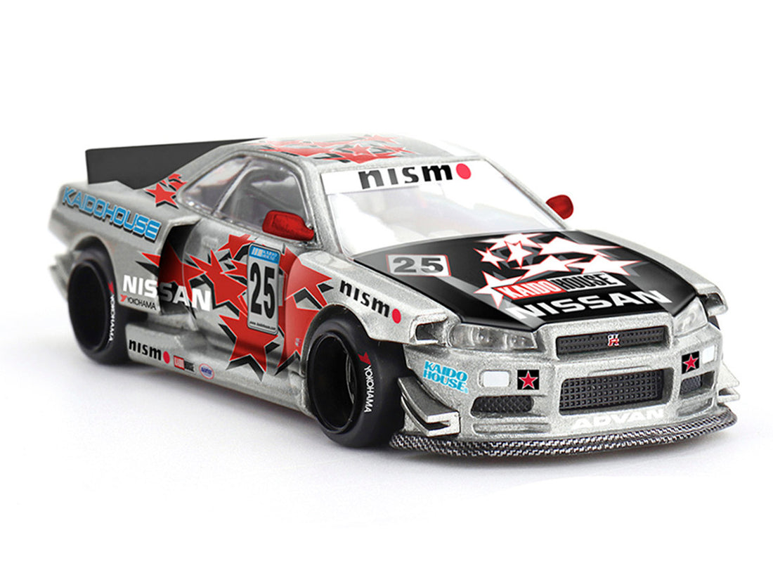 Nissan Skyline GT-R (R34) "Kaido Star Racing V1" RHD (Right Hand Drive) #25 Gray Metallic with Black Hood and Graphics (Designed by Jun Imai) "Kaido House" Special 1/64 Diecast Model Car by Mini GT-1