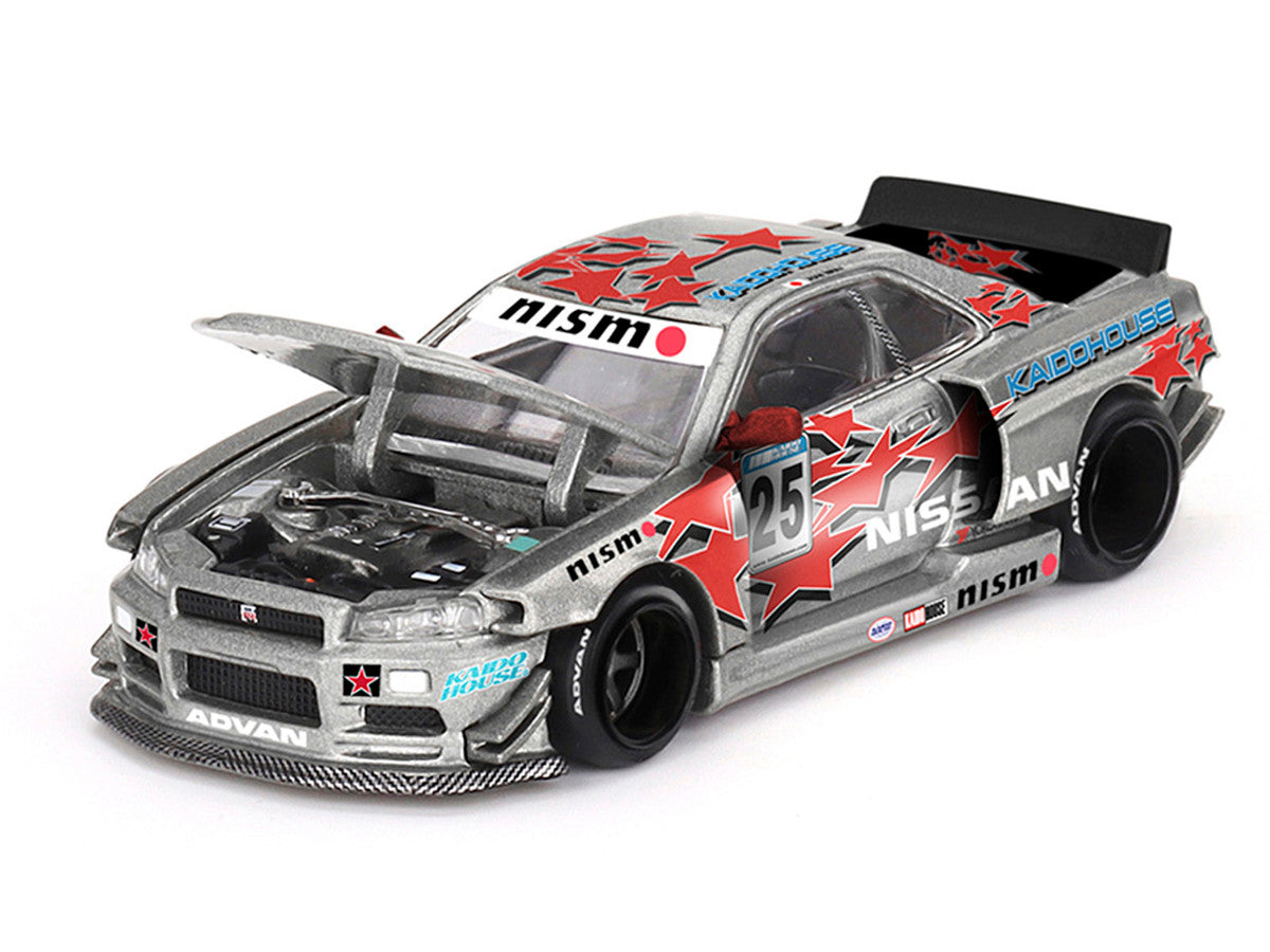 Nissan Skyline GT-R (R34) "Kaido Star Racing V1" RHD (Right Hand Drive) #25 Gray Metallic with Black Hood and Graphics (Designed by Jun Imai) "Kaido House" Special 1/64 Diecast Model Car by Mini GT-2