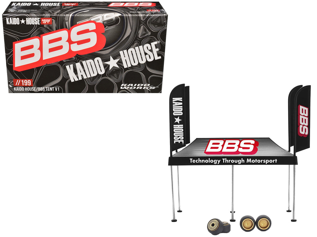 Kaido House "BBS" Tent V1 Black with Extra Wheels for 1/64 Scale Models by Mini GT-2