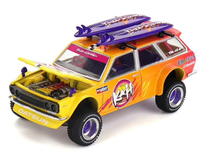 Datsun Kaido 510 Wagon 4x4 RHD (Right Hand Drive) "Kaido Islands V1" Yellow to Red Gradient with Surfboards (Designed by Jun Imai) "Kaido House" Special 1/64 Diecast Model Car by Mini GT-1