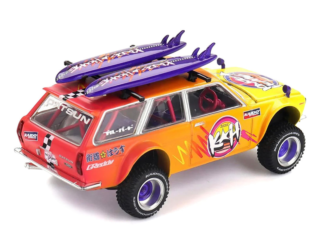 Datsun Kaido 510 Wagon 4x4 RHD (Right Hand Drive) "Kaido Islands V1" Yellow to Red Gradient with Surfboards (Designed by Jun Imai) "Kaido House" Special 1/64 Diecast Model Car by Mini GT-2