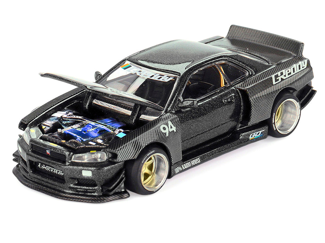 Nissan Skyline GT-R (R34) RHD (Right Hand Drive) #94 "Kaido Works GReddy V2" Carbon Fiber and Dark Gray Metallic (Designed by Jun Imai) "Kaido House" Special 1/64 Diecast Model Car by Mini GT-1