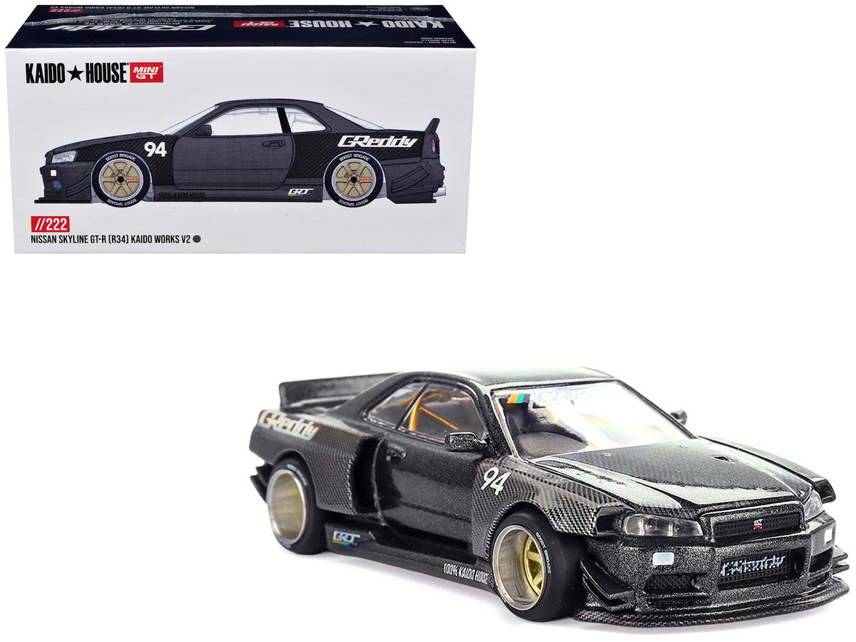 Nissan Skyline GT-R (R34) RHD (Right Hand Drive) #94 "Kaido Works GReddy V2" Carbon Fiber and Dark Gray Metallic (Designed by Jun Imai) "Kaido House" Special 1/64 Diecast Model Car by Mini GT-4