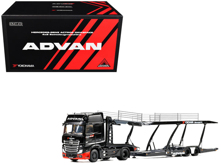 Mercedes-Benz Actros Gigaspace Auto Transporter ADVAN Yokohama Black 1/64 diecast model by GCD in original collector packaging.