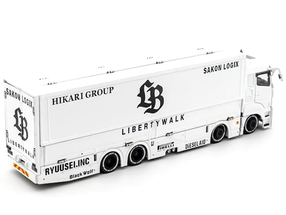 Mitsubishi Fuso Super Great Transporter RHD (Right Hand Drive) "Liberty Walk LB-Trucks" White with Graphics 1/64 Diecast Model by GCD-1