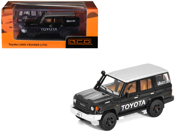Toyota Land Cruiser (J76) Black with Silver Metallic Top 1/64 diecast model car by GCD displayed in its original collector packaging.