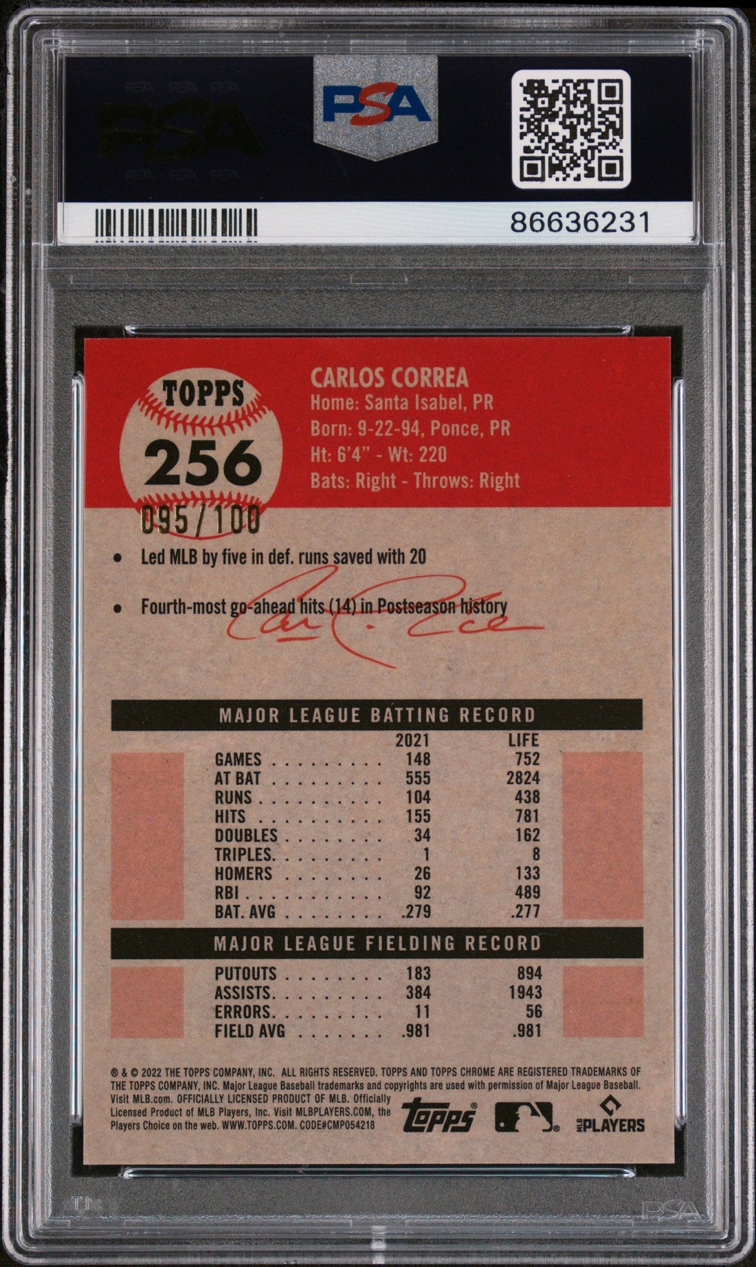 2022 TOPPS CHROME PLATINUM CARLOS CORREA RED ATOMIC REF 256 PSA 10