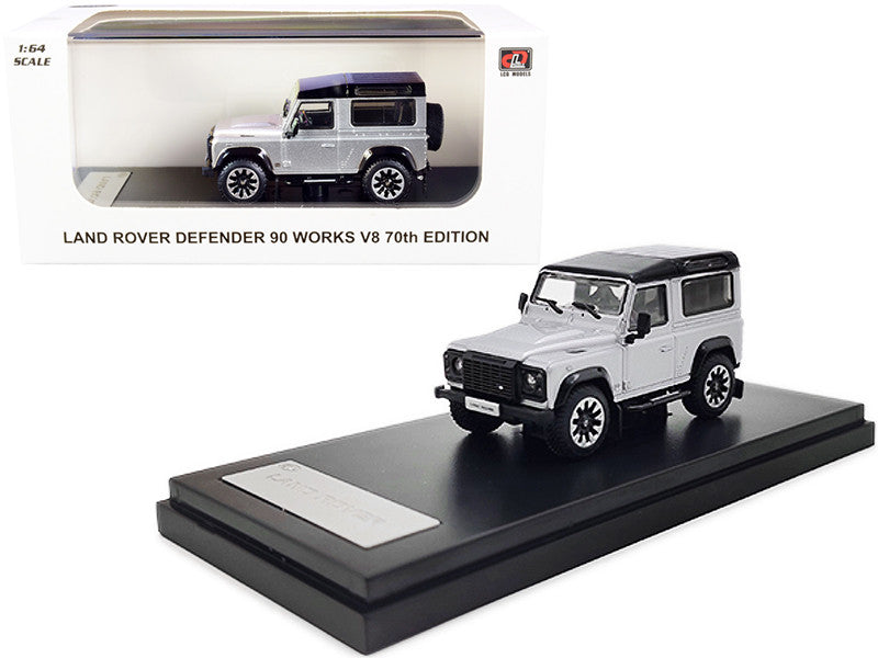 Land Rover Defender 90 Works V8 Silver Metallic with Black Top "70th Edition" 1/64 Diecast Model Car by LCD Models-0