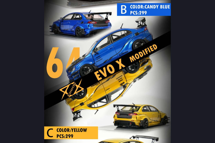 Mitsubishi Evolution X Varis Widebody in Candy Blue OR Yellow 1:64 by Error 404 Blue and Yellow