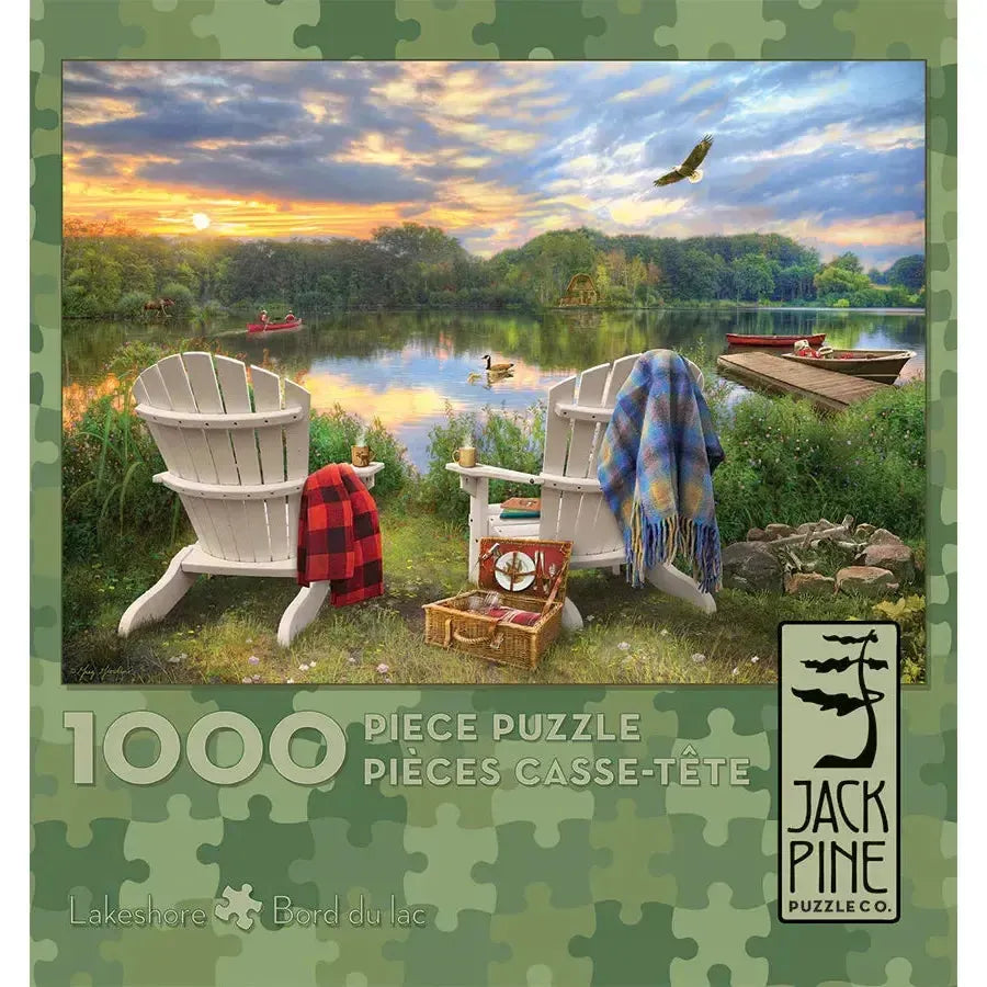 Jack Pine Lakeshore 1000 Piece Jigsaw Puzzle with lake cabin Adirondack chairs and sunset scene