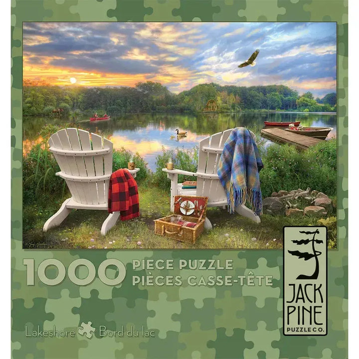 Jack Pine Lakeshore 1000 Piece Jigsaw Puzzle with lake cabin Adirondack chairs and sunset scene