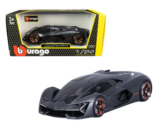 Lamborghini Terzo Millennio Dark Gray Metallic with Black Top and Carbon Accents 1/24 Diecast Model Car by Bburago