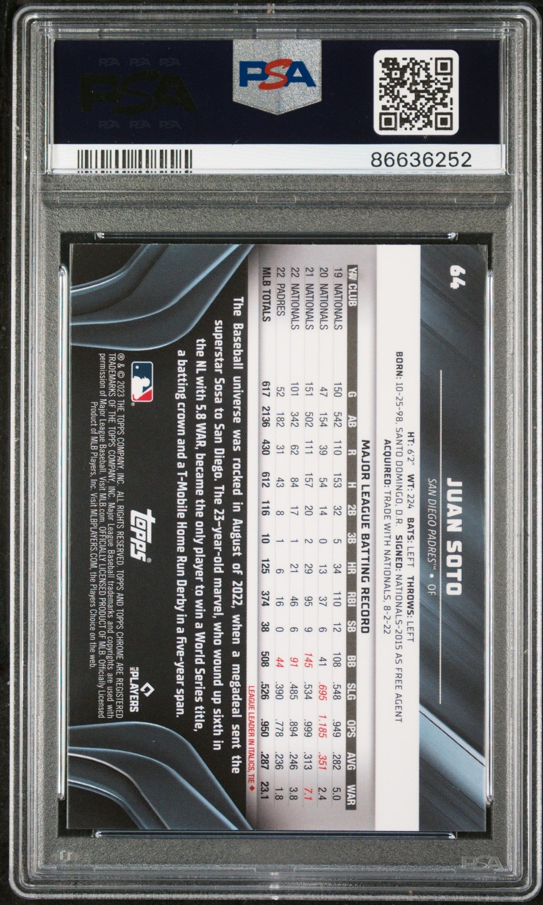 2023 TOPPS CHROME BLACK JUAN SOTO  #64 - PSA 10 2