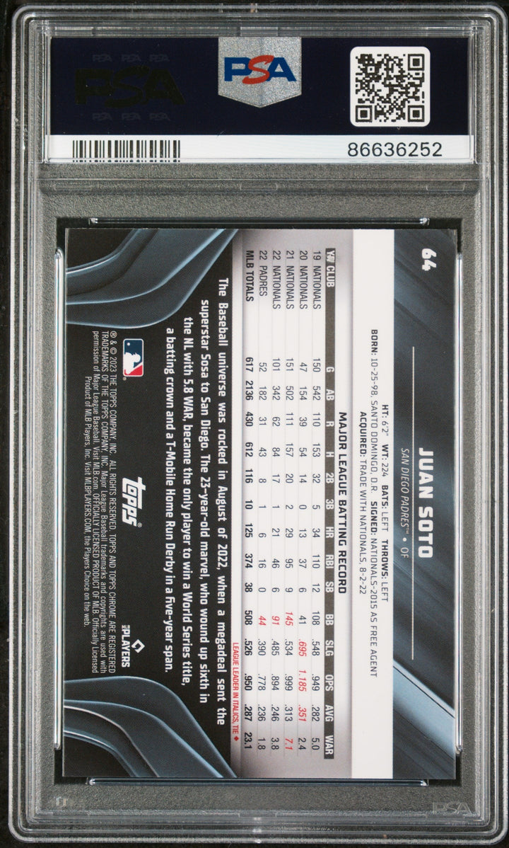 2023 TOPPS CHROME BLACK JUAN SOTO  #64 - PSA 10 2